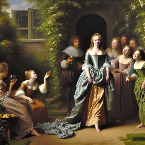 Elegante jonge vrouw omringd door vrienden in een sfeervolle setting Een jonge vrouw in een elegante omgeving, omgeven door haar vrienden die haar liefkozend 'juffer' noemen.