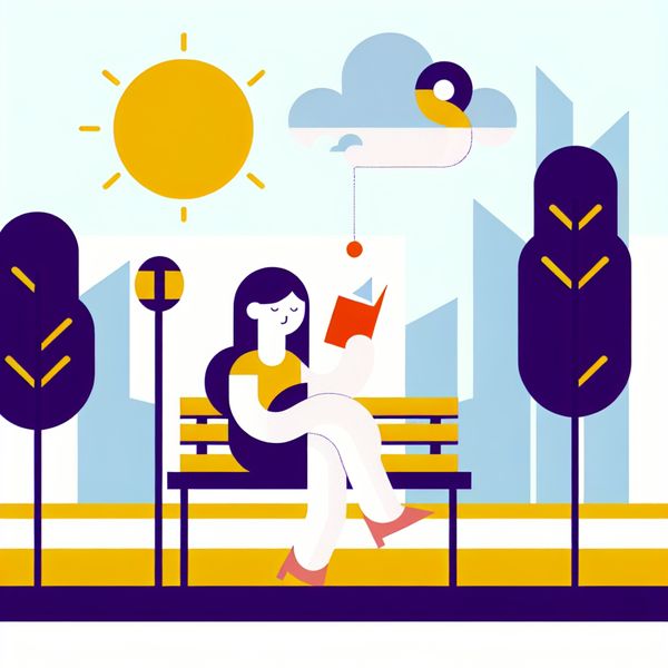 Jonge vrouw geniet van de stad met een boek Minimalistische illustratie van een jonge vrouw die geniet van een levendige stadsscene, zittend op een parkbank met een boek.