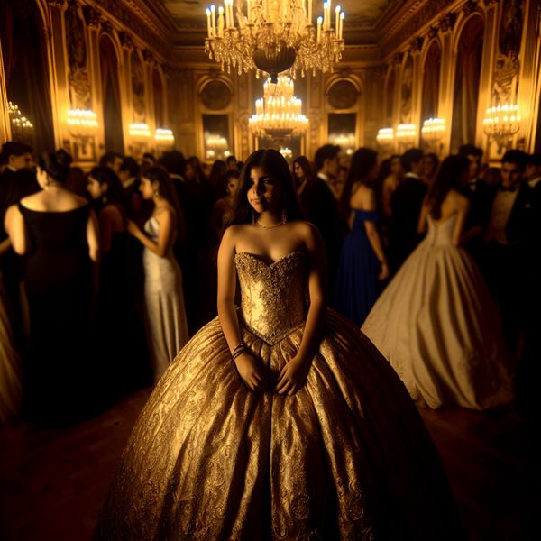 Elegante jonge vrouw in baljurk op gala Een jongedame in een elegante baljurk staat in een grand ballroom, verlicht door gouden licht.
