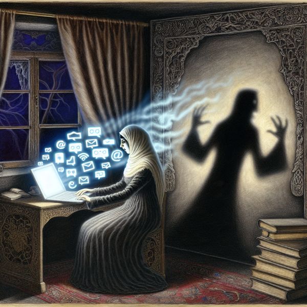 Gothisch thema van een vrouw die op het internet surft Een jonge vrouw in een schimmige kamer, geconcentreerd op een laptop terwijl haar silhouet een schaduw werpt op een versierde muur met ingewikkelde houtsneden.