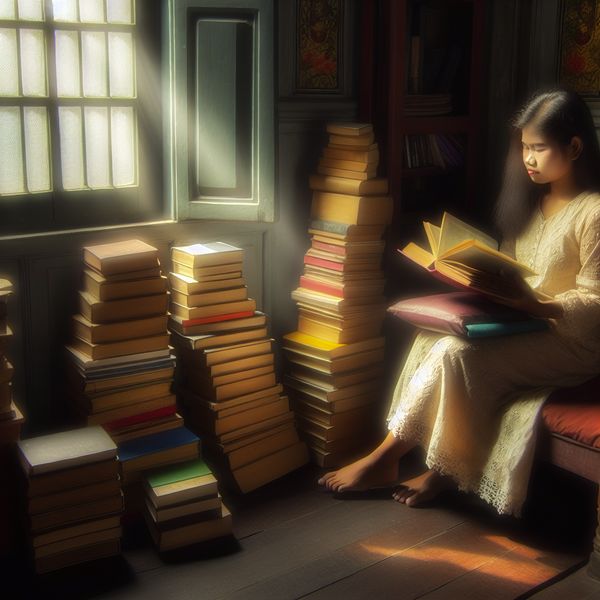 Jonge vrouw leest diep in een boekenhoek Jonge vrouw in een gezellige leeshoek omringd door boeken, verdiept in een boek met zonlicht dat door het raam stroomt.