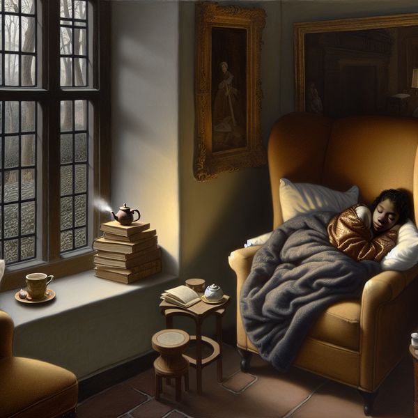 Een jonge vrouw zit comfortabel in een lichte woonkamer, gewikkeld in een deken, met boeken en een kopje thee dichtbij.