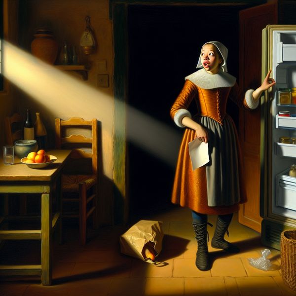 Jonge vrouw in een dim verlichte keuken kijkt verrast naar een open koelkast met een boodschappenlijst in haar hand.