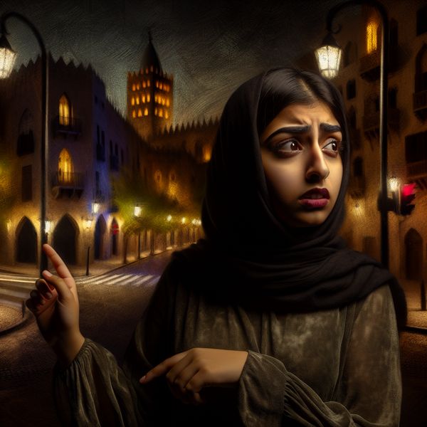 Jonge vrouw staat op een kruispunt in een sfeervolle stad, kijkend naar een onbekend pad, met drama en emotie in haar gezichtsuitdrukking.