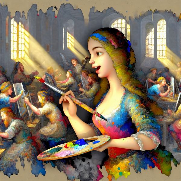 Jonge vrouw ontdekt talenten tijdens schildercursus in kunststudio Jonge vrouw in een kunststudio tijdens een levendige schildercursus, omringd door kleurrijke doeken en verfspetters, met een blije uitdrukking op haar gezicht terwijl ze een penseel vasthoudt.