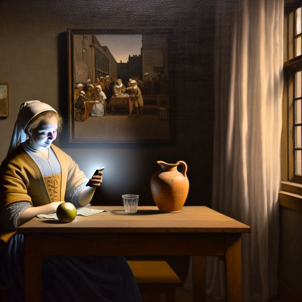 Jonge vrouw kijkt geconcentreerd naar een grappige Instagram-meme op haar smartphone in een rustige kamer met diffuus licht, in de stijl van Vermeer