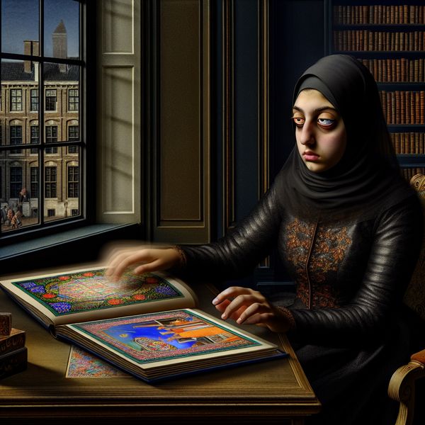 Jonge vrouw leest zonder interesse in een surrealistische omgeving Een jonge vrouw zit aan een elegant bureau en staart leeg voor zich uit naar een open boek met rijke illustraties.