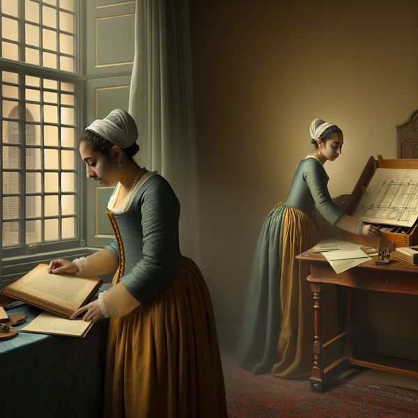 Van lezen naar productief werken in een serene ruimte Een jonge vrouw in een serene interieur, leest een boek en schakelt over naar het werken aan een bureau vol projecten.