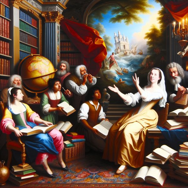 Junge vrouw die meerdere talen spreekt in een leeromgeving Een jonge vrouw spreekt zelfverzekerd in een lichte kamer vol boeken en kaarten, omringd door een diverse groep mensen, die verschillende culturen vertegenwoordigen.