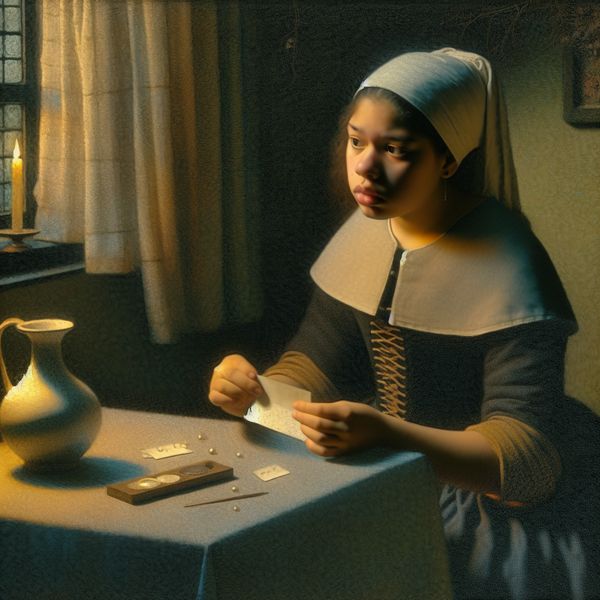 Een jonge vrouw in een zacht verlichte kamer, die bezorgd naar buiten kijkt terwijl ze een brief vasthoudt.