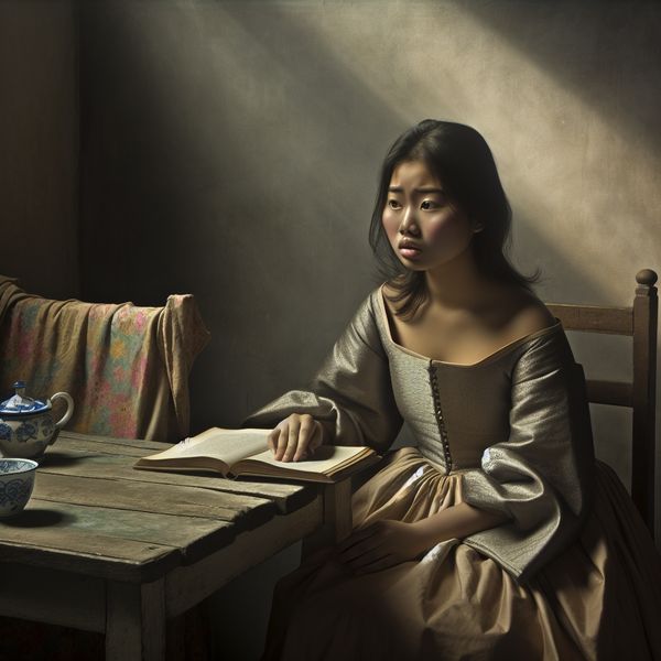 Vrouw met spijt aan tafel - Reflectie en contemplatie Jonge vrouw met een droevige blik, zittend aan een houten tafel met een open boek voor zich