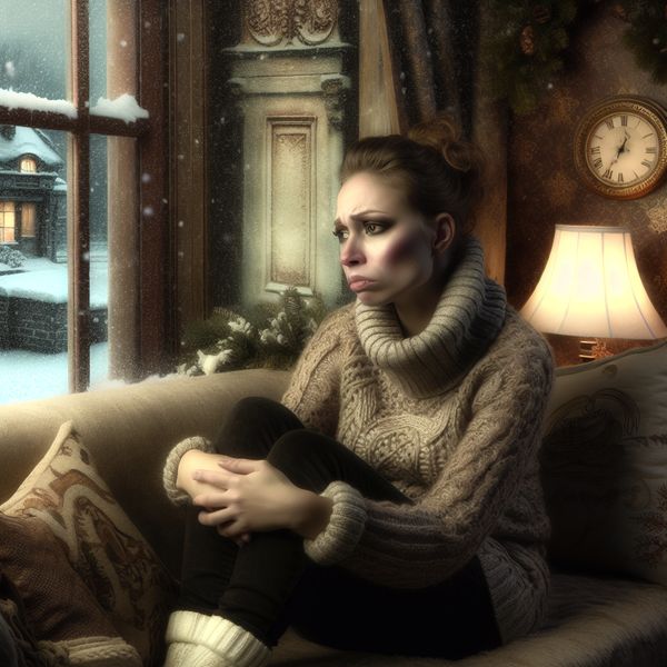 Jonge vrouw met een warme drank op een winterse dag Een jonge vrouw op een comfortabele sofa kijkt bedroefd uit het raam terwijl sneeuwvlokken vallen.