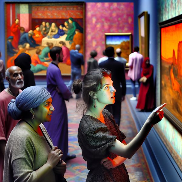 Jonge vrouw in moderne kunstgalerie Jonge vrouw verkent enthousiast een moderne kunstgalerie vol kleurrijke kunstwerken.