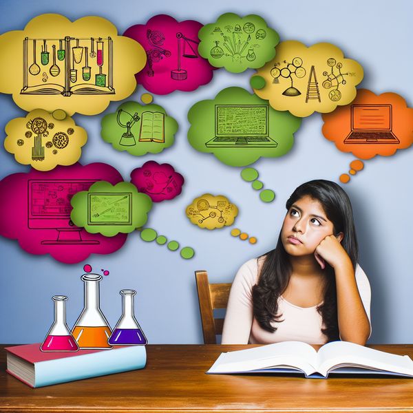 Een jonge vrouw zit aan een houten tafel en kijkt nadenkend naar een open boek met diagrammen van verschillende universitair cursussen, omringd door kleurrijke denkbellen.
