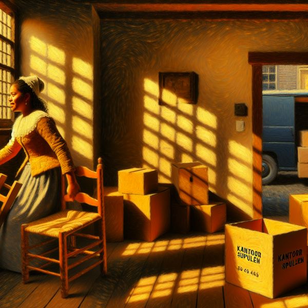 Jonge vrouw in nieuw appartement verhuisdozen licht schaduw Jonge vrouw in haar nieuwe appartement omringd door uitgepakte dozen, met een houten stoel in haar hand en een verhuiswagen buiten.