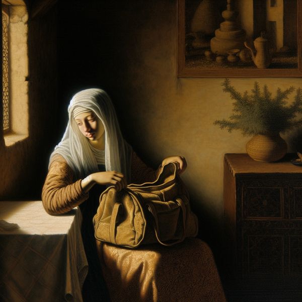 Serene interieur met vrouw die nadenkt over onbepaalde objecten Jonge vrouw zit aan tafel, kijkt nieuwsgierig naar haar open tas met onduidelijke voorwerpen.