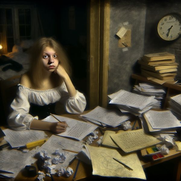 Jonge Vrouw Werkt Aan Schoolproject met Gebrek aan Enthousiasme Jonge vrouw aan een rommelige bureau met schoolboeken, papier en onafgemaakte opdrachten, met een gezicht dat verveling uitdrukt.