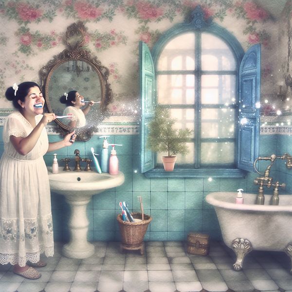 Vrouw poetst tanden in een vintage badkamer Een jonge vrouw poetst vrolijk haar tanden in een vintage badkamer met antieke details en zachte verlichting.