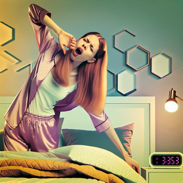 Jonge vrouw in retro-futuristische stijl geniet van rust Jonge vrouw met slaperige ogen gaapt en strekt zich uit in gezellige pyjama's