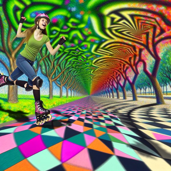 Vrouw die skate met rolschaatsen in kleurrijk park Een jonge vrouw die met hoge snelheid aan het skaten is op rolschaatsen in een levendig park vol bomen en bloemen.