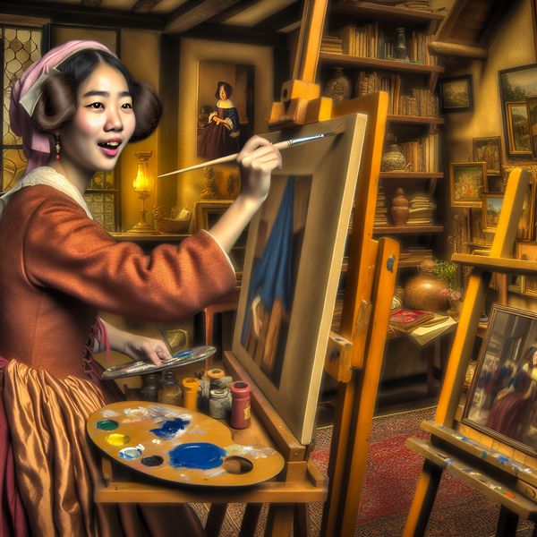 Artistieke omgeving en culturele invloeden bij het opgroeien - Portret in stijl van Frans Hals Jonge vrouw schildert aan ezel in artistieke omgeving met warme verlichting en kunstbenodigdheden