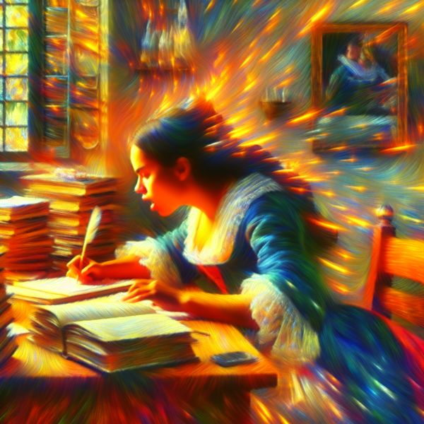 Jonge vrouw schrijft gepassioneerd aan een bureau met boeken en notities, met een focus op haar uitdrukking.