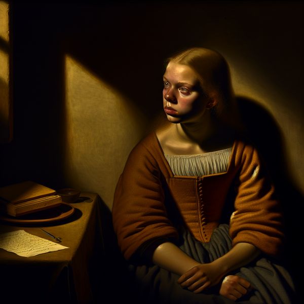 Jonge vrouw met schuldgevoel in de stijl van Rembrandt Een jonge vrouw in een slecht verlichte kamer, met een verontrustende gezichtsuitdrukking. Haar gezicht wordt belicht door warm licht, terwijl ze naar een oud telefoon kijkt, wat haar schuldgevoel symboliseert. Schaduwen en aardetinten creëren een sombere sfeer.