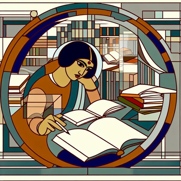 Jonge vrouw studeert hard voor goede cijfers Jonge vrouw studeert enthousiast tussen boeken en studiemateriaal, symbool voor haar vastberadenheid om goede cijfers te halen.