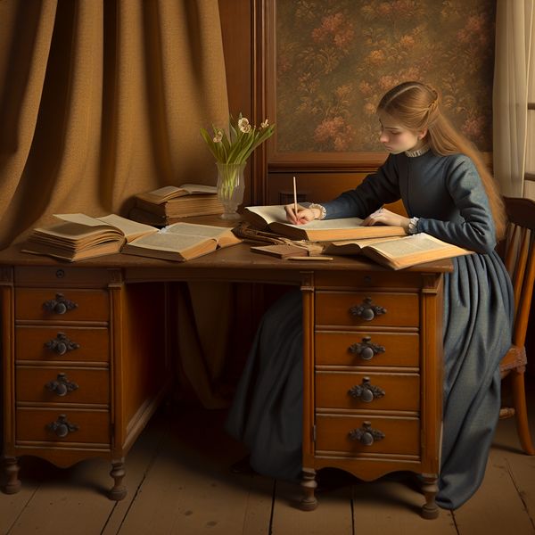 Jonge vrouw studerend aan elegante houten bureau Jonge vrouw geconcentreerd aan een prachtig ingericht bureau, bezig met haar huiswerk.