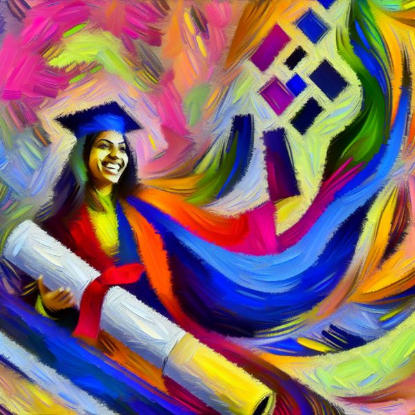 Jonge vrouw die trots haar oversized universitaire diploma toont, omringd door een chaotische achtergrond vol kleur die de energie van afstuderen uitstraalt.