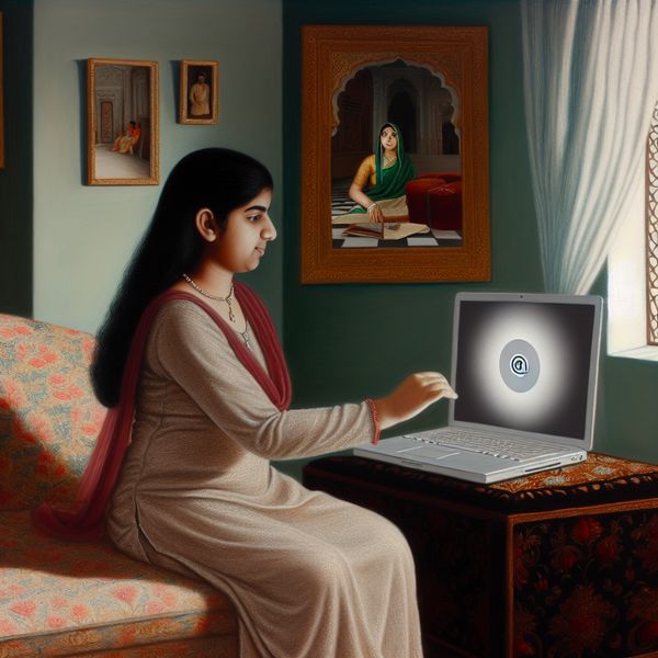 Jonge vrouw uploadt videomateriaal op YouTube in elegante kamer Een jonge vrouw zit in een gezellige, elegant ingerichte kamer en uploadt videomateriaal naar haar computer met de YouTube-logo zichtbaar op het scherm.