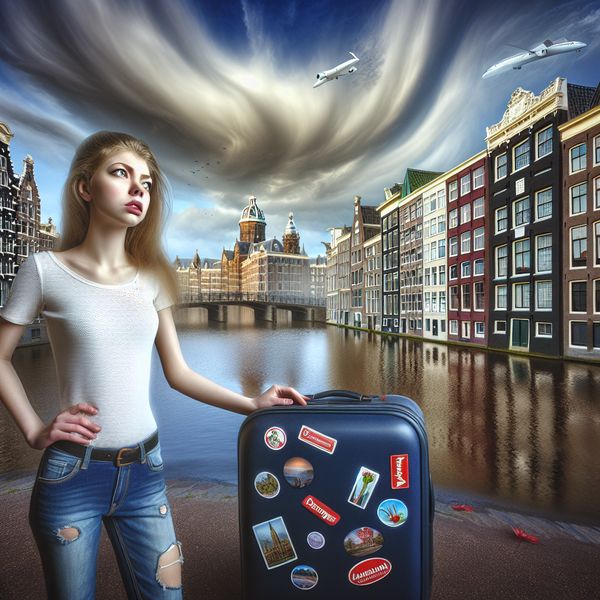Jonge vrouw overdenkt verhuizing naar Amsterdam Een jonge vrouw staat voor een grote koffer met reisstickers en kijkt naar de surrealistische skyline van Amsterdam.