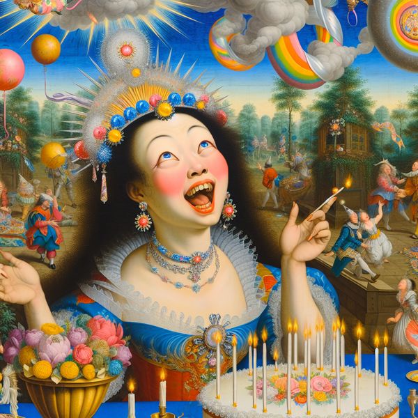 Jong vrouw verjaardagsfeest in zonnige tuin Jonge vrouw met feestelijke outfit viert haar verjaardag in een zonnige tuin, omringd door vrienden en ballonnen, terwijl ze kaarsjes uitblaast op haar verjaardagstaart.