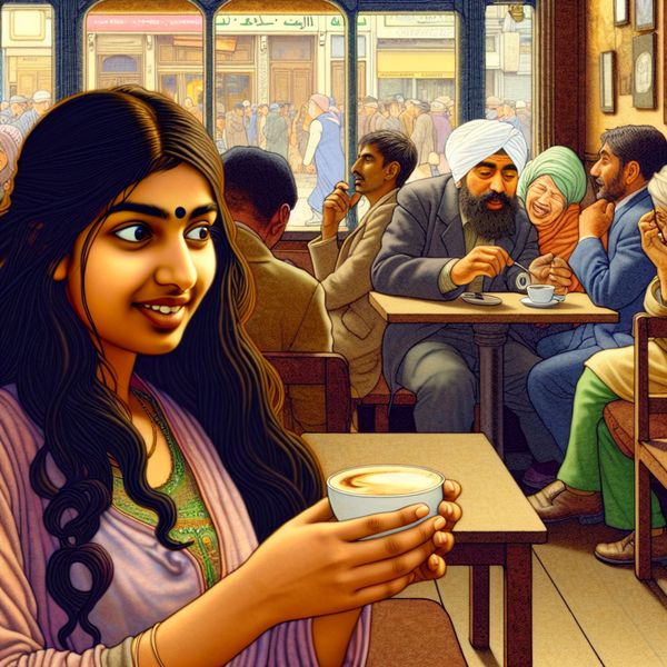 Verlangen en Hoop in een Gezellig Café Jonge vrouw met een koffiekopje in een gezellig café, kijkt verwachtingsvol naar een man die in zijn telefoon is verdiept.