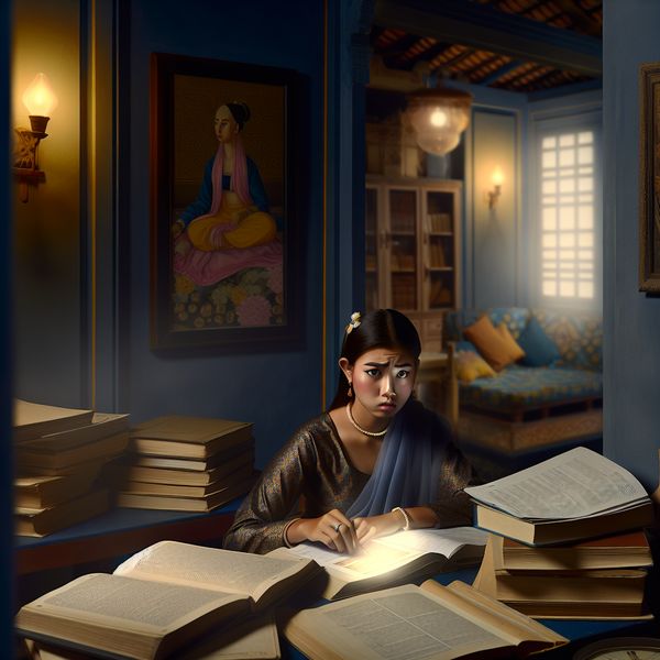 Jonge vrouw die met een verlangende blik naar haar boeken kijkt, zittend aan een tafel in een serene kamer.