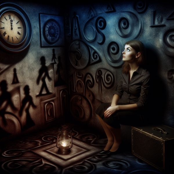 Verwacht bezoek in een donkere kamer met mystieke elementen Een jonge vrouw in een schemerige kamer, kijkend naar een oude klok terwijl ze wacht op bezoekers.