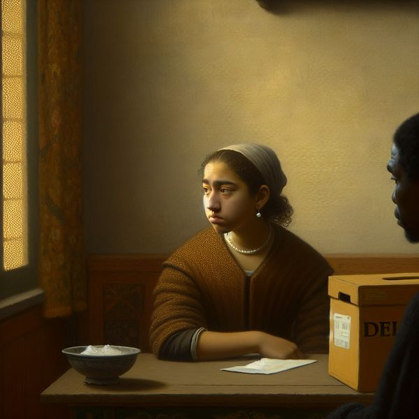 Afgeleide toestemming in een serene Vermeer-stijl interieur Een jonge vrouw met een frons zittend aan een tafel, terwijl ze een document weigert dat haar door een man met een bezorgdoos wordt aangeboden.
