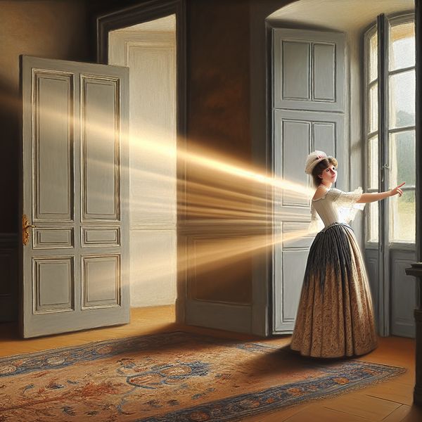 Een jonge vrouw in periode-kleding wijst elegant naar een open deur, verlicht door warm licht in een serene interieur.