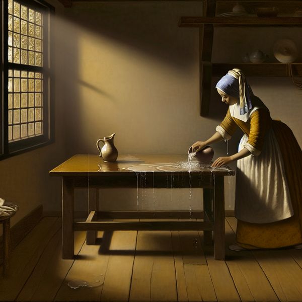 Schoonmaken met water: rustige keukenscène in Vermeer-stijl voor taalonderwijs Jonge vrouw spoelt een houten tafel schoon met water uit een kan in een rustige keuken, Vermeer-stijl schilderij