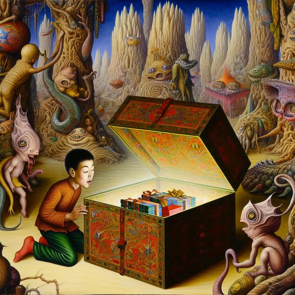 Jongeman pakt met een blije uitdrukking een groot versierd cadeau uit in een surrealistische omgeving vol vreemde wezens en kleurrijke landschappen.
