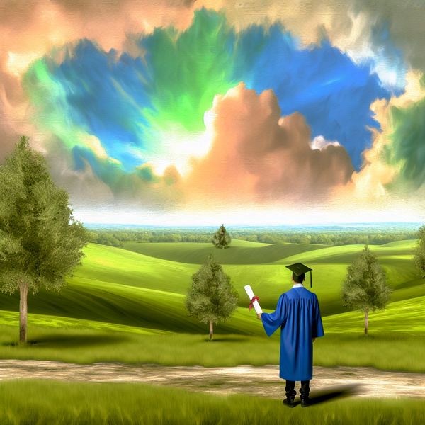 Een jonge man in een groen veld kijkt op naar de lucht terwijl hij zijn diploma ontvangt, met een dramatische lucht op de achtergrond.