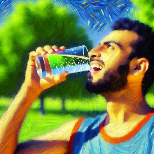 Hydratatie na het sporten: Jongeman drinkt water in het park Jongeman drinkt een glas helder water na het sporten in een zonnig park, met zweet op zijn voorhoofd.