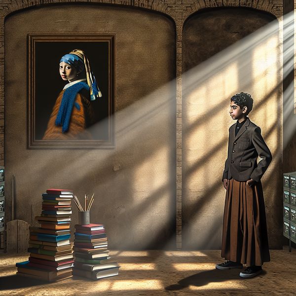 Jongeman in Schoolomgeving Veelbelovend naar Volwassenheid Een jong persoon in schooluniform staat zelfverzekerd in een schoolgang, omgeven door boeken en met een vastberaden uitdrukking.