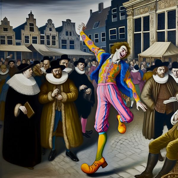 Jongeman in kleurrijke kleding springt vrolijk door een druk plein terwijl omstanders hem met verbazing aankijken