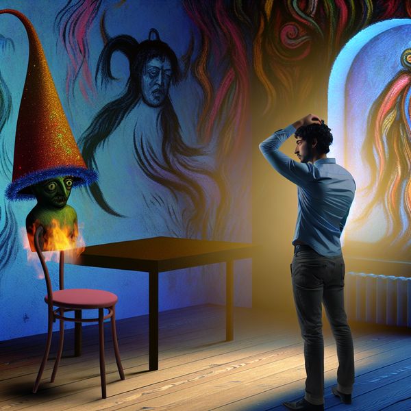 Een jonge man staat alleen in een dim verlichte kamer, kijkend naar een lege stoel met een feesthoed erop, omringd door bizarre wezens en een schimmige figuur