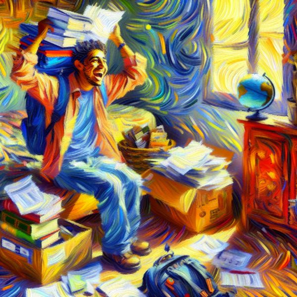 Jongeman stopt met studeren voor avontuur Een jonge man die blijdschap uitdrukt terwijl hij zijn boeken en notities opbergt, met een rugzak en een globe in de buurt.