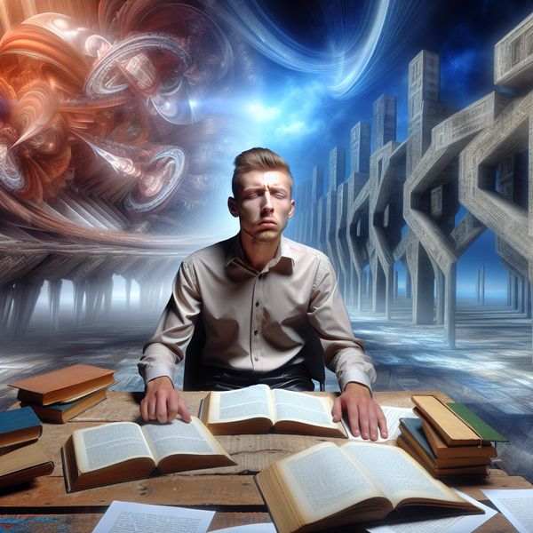 Jongeman leert een nieuwe taal met moeite Een jonge man zittend aan een lege houten tafel, omringd door boeken en papieren over taal leren, met een geconcentreerde en pijnlijke uitdrukking op zijn gezicht.