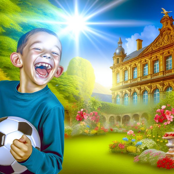 Jongeman Speelt Voetbal in Een Droomachtige Tuin Een jonge jongen speelt voetbal in een levendige tuin met oude architectuur op de achtergrond, met een uitgelaten uitdrukking, gevangen in een droomachtige sfeer.