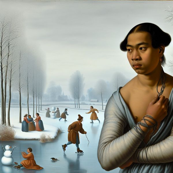 Jongeman in winterlandschap met twijfels Een jonge man staat nadenkend op een bevroren vijver omringd door vrolijk schaatsende mensen in een winterlandschap.