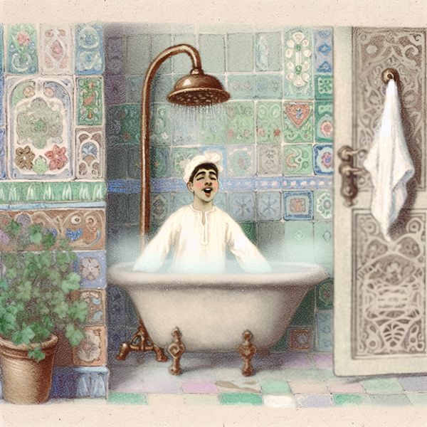Vrolijke jongeman zingt in een gezellige badkamer Een jongeman zingt vrolijk onder een vintage douchekop in een gezellige badkamer met pastelkleuren.